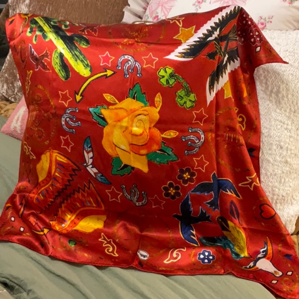 Vibrant Red Floral & Western Print Satin Scarf